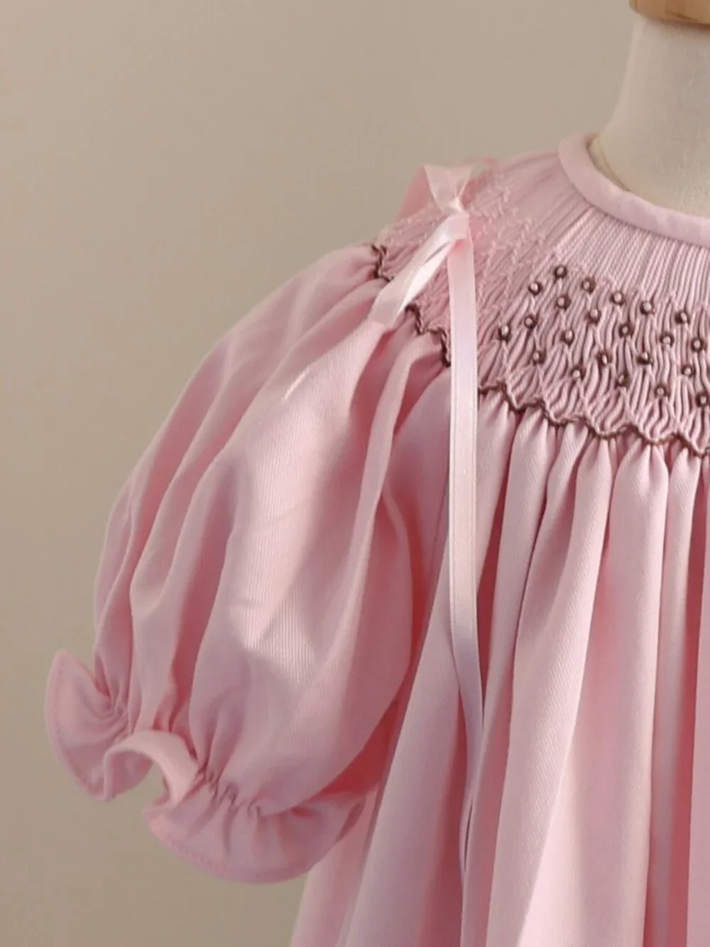 Pink Smocked Bishop Dress Luli & Me Satin Ribbon Bow Shoulders  12M Like New